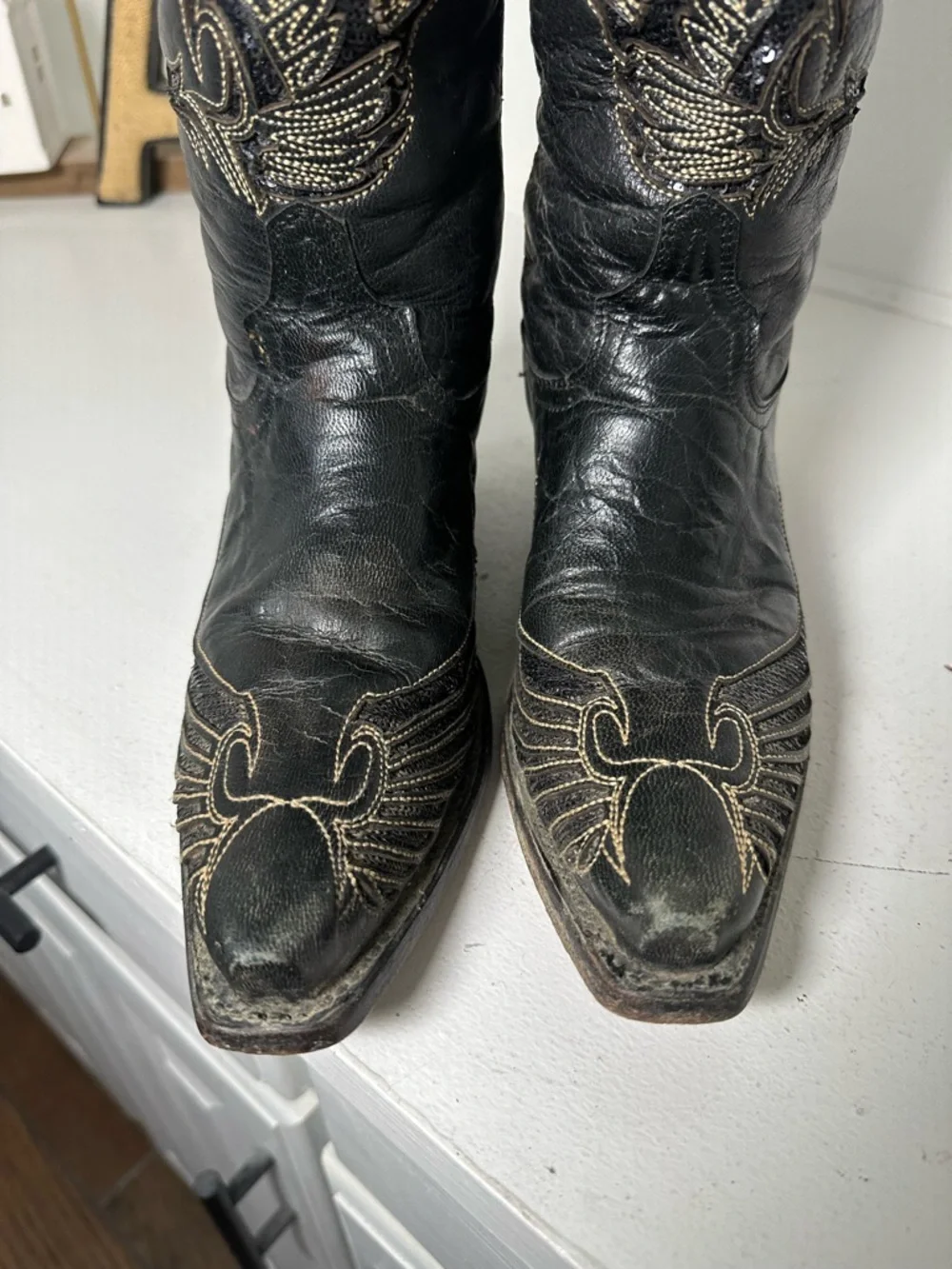 Rudel Womens 6.5E Black Leather Cowboy Boots Wing Stitch Western Embroidered - Picture 3 of 10